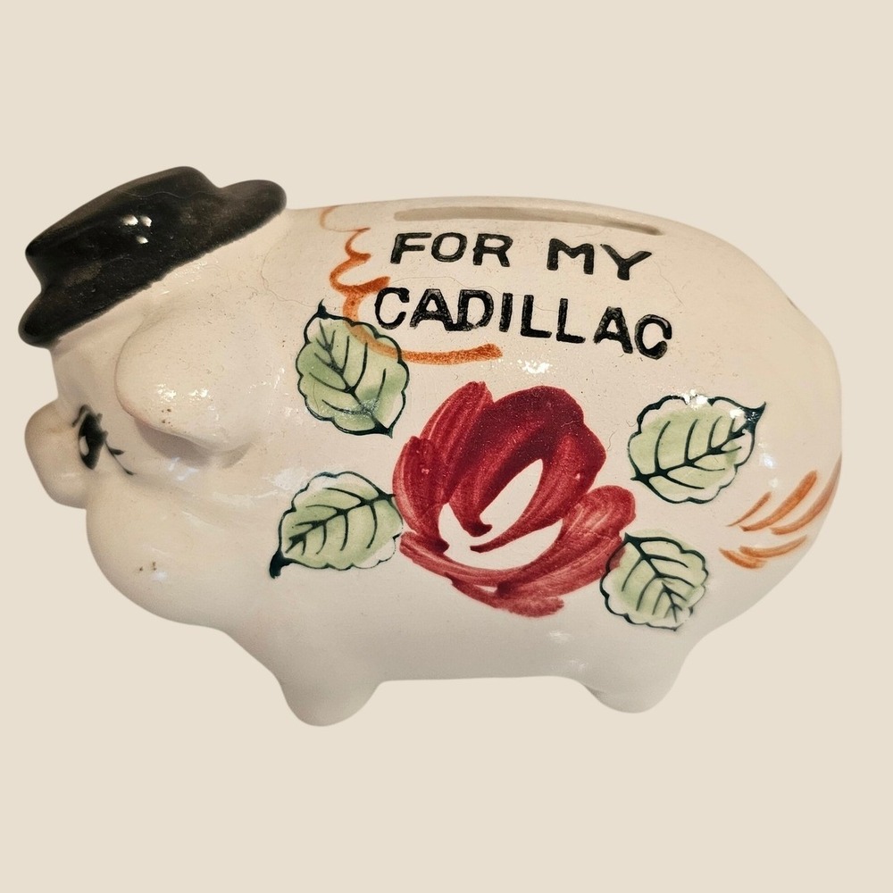 Vintage Ceramic Piggy Bank For My Cadillac Hand Painted Rose Winking Pig Hat